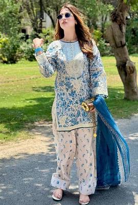 Printed natural crepe top  farshi palazzo & georgette dupatta set 4