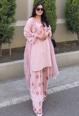 Pink natural crepe embroidered top  farshi palazzo & dupatta set 1