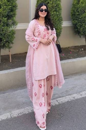 Pink natural crepe embroidered top  farshi palazzo & dupatta set