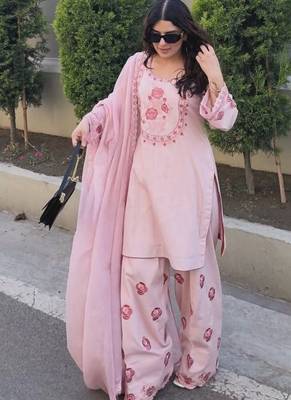 Pink natural crepe embroidered top  farshi palazzo & dupatta set 2