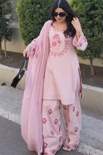 Pink natural crepe embroidered top  farshi palazzo & dupatta set
