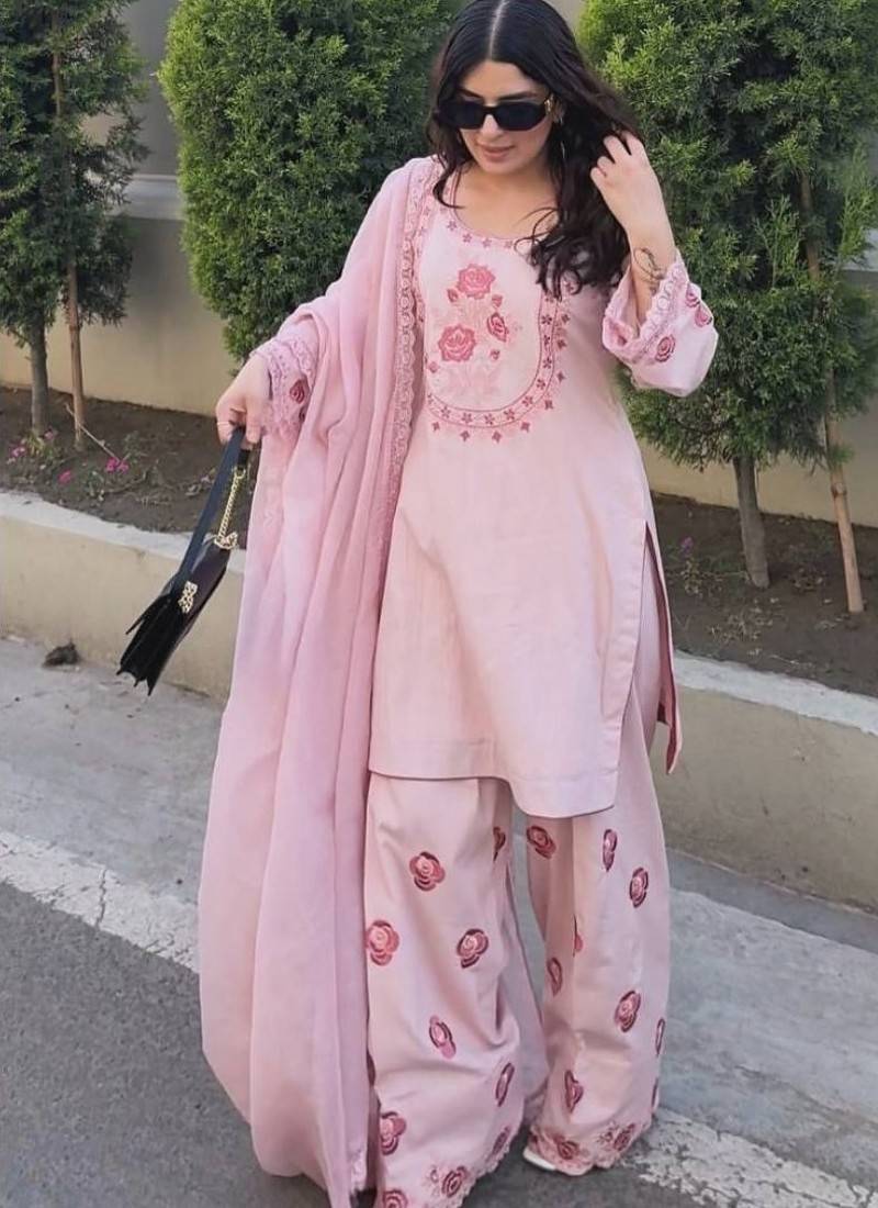 Pink natural crepe embroidered top  farshi palazzo & dupatta set