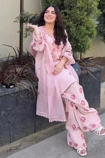 Pink natural crepe embroidered top  farshi palazzo & dupatta set