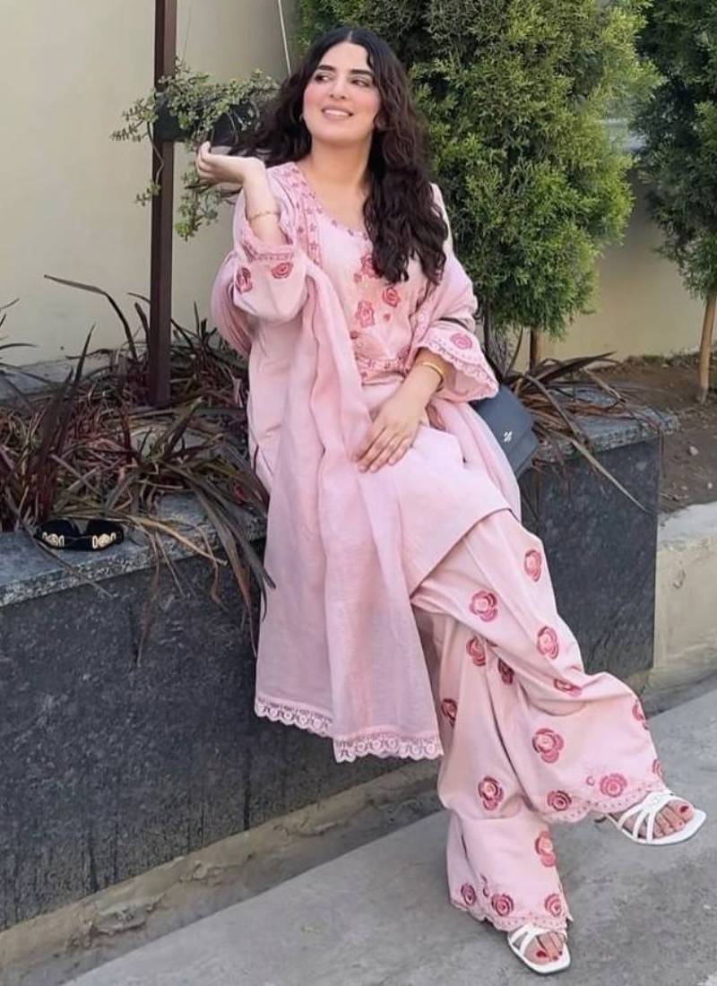 Pink natural crepe embroidered top  farshi palazzo & dupatta set