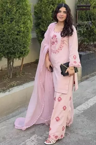 Pink natural crepe embroidered top  farshi palazzo & dupatta set
