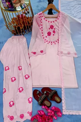 Pink natural crepe embroidered top  farshi palazzo & dupatta set