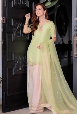 Lime green crepe embroidered top  printed farshi palazzo & dupatta set 1