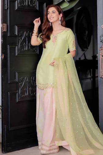 Lime green crepe embroidered top  printed farshi palazzo & dupatta set
