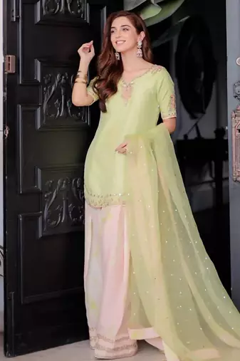 Lime green crepe embroidered top  printed farshi palazzo & dupatta set