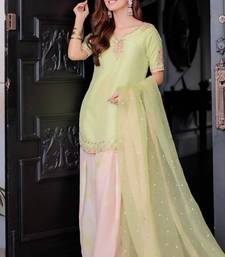 Lime green crepe embroidered top  printed farshi palazzo & dupatta set