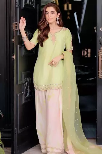 Lime green crepe embroidered top  printed farshi palazzo & dupatta set