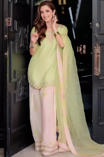 Lime green crepe embroidered top  printed farshi palazzo & dupatta set
