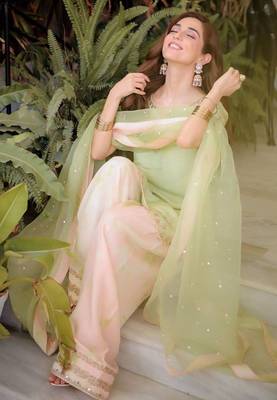 Lime green crepe embroidered top  printed farshi palazzo & dupatta set 4