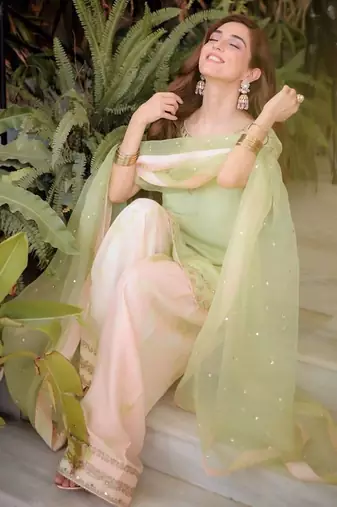 Lime green crepe embroidered top  printed farshi palazzo & dupatta set