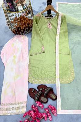 Lime green crepe embroidered top  printed farshi palazzo & dupatta set 5