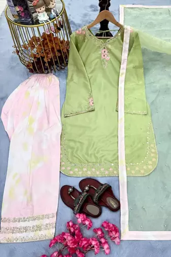 Lime green crepe embroidered top  printed farshi palazzo & dupatta set