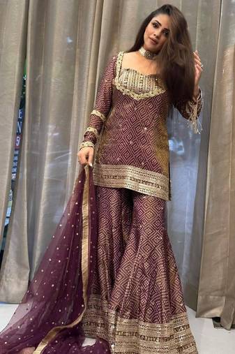 Heavy brown printed chinon silk blend top-blouse  palazzo & butterfly net dupatta set
