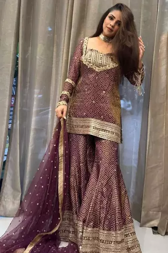 Heavy brown printed chinon silk blend top-blouse  palazzo & butterfly net dupatta set
