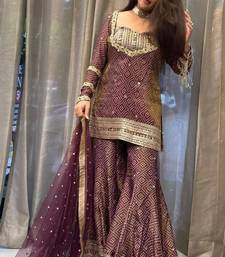 Heavy brown printed chinon silk blend top-blouse  palazzo & butterfly net dupatta set