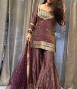 Heavy brown printed chinon silk blend top-blouse  palazzo & butterfly net dupatta set