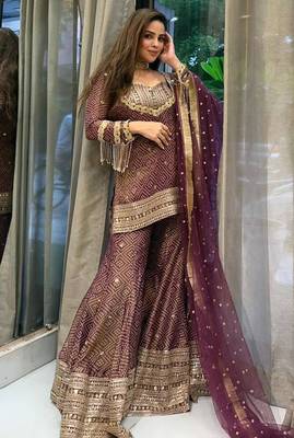 Heavy brown printed chinon silk blend top-blouse  palazzo & butterfly net dupatta set 2