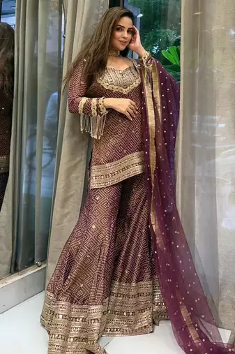 Heavy brown printed chinon silk blend top-blouse  palazzo & butterfly net dupatta set