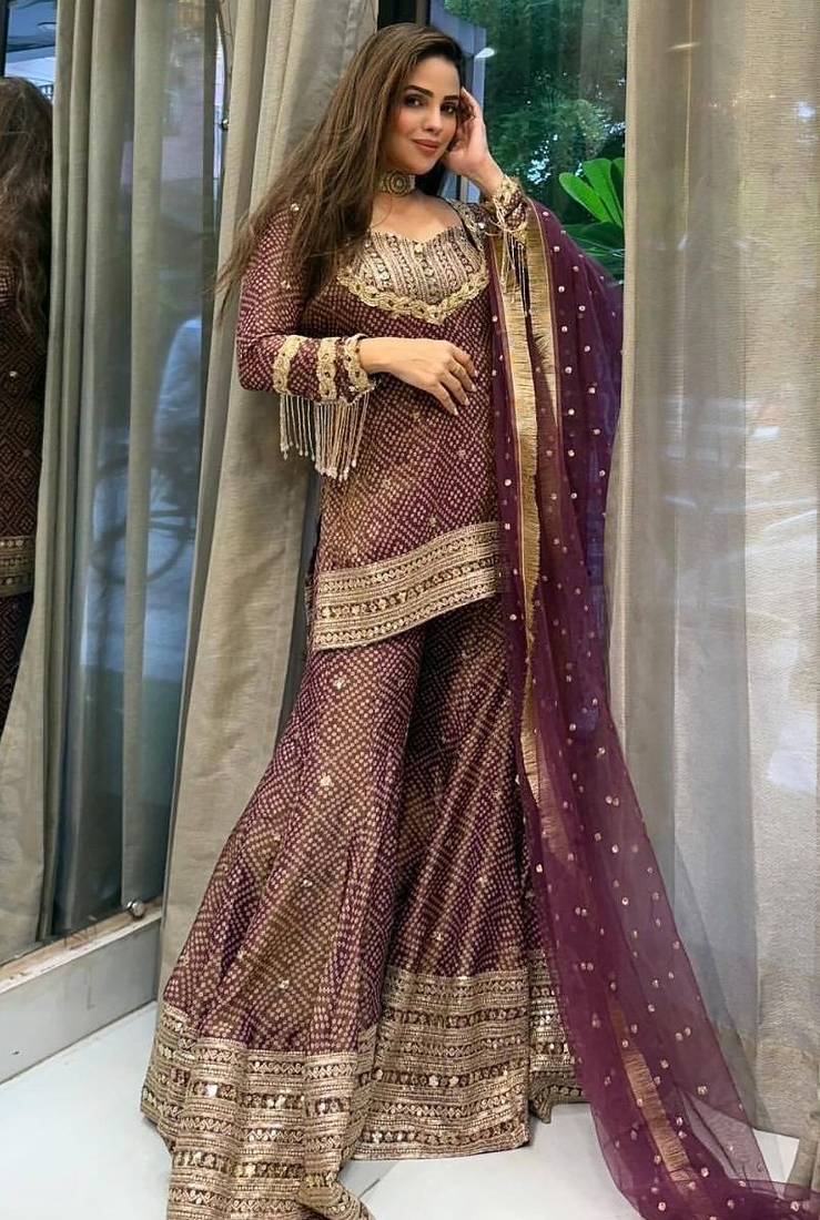 Heavy brown printed chinon silk blend top-blouse  palazzo & butterfly net dupatta set