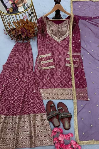 Heavy brown printed chinon silk blend top-blouse  palazzo & butterfly net dupatta set