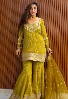 Heavy yellow printed chinon silk blend top-blouse  palazzo & butterfly net dupatta set 1