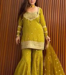 Heavy yellow printed chinon silk blend top-blouse  palazzo & butterfly net dupatta set