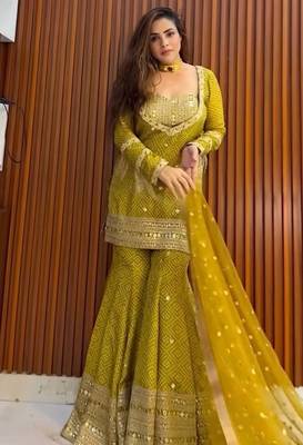 Heavy yellow printed chinon silk blend top-blouse  palazzo & butterfly net dupatta set 2