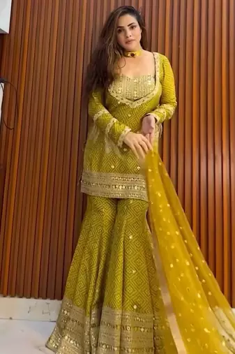 Heavy yellow printed chinon silk blend top-blouse  palazzo & butterfly net dupatta set