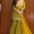 Heavy yellow printed chinon silk blend top-blouse  palazzo & butterfly net dupatta set
