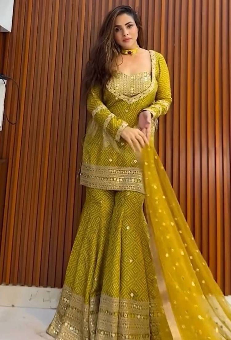 Heavy yellow printed chinon silk blend top-blouse  palazzo & butterfly net dupatta set