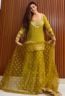 Heavy yellow printed chinon silk blend top-blouse  palazzo & butterfly net dupatta set 3