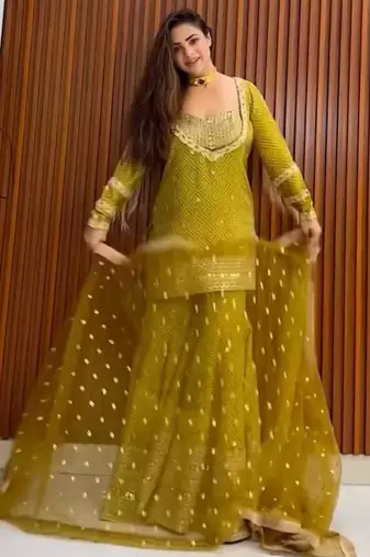 Heavy yellow printed chinon silk blend top-blouse  palazzo & butterfly net dupatta set