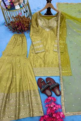 Heavy yellow printed chinon silk blend top-blouse  palazzo & butterfly net dupatta set 4