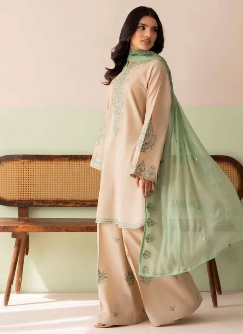 Designer heavy roman silk blend embroidered top  palazzo & dupatta set