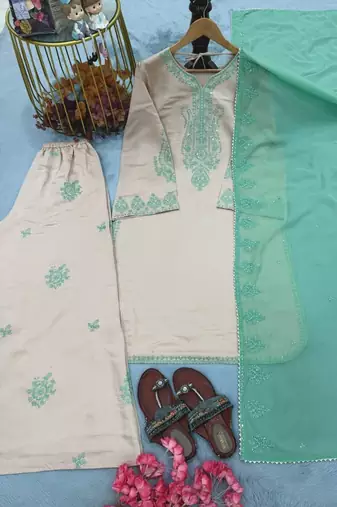 Designer heavy roman silk blend embroidered top  palazzo & dupatta set