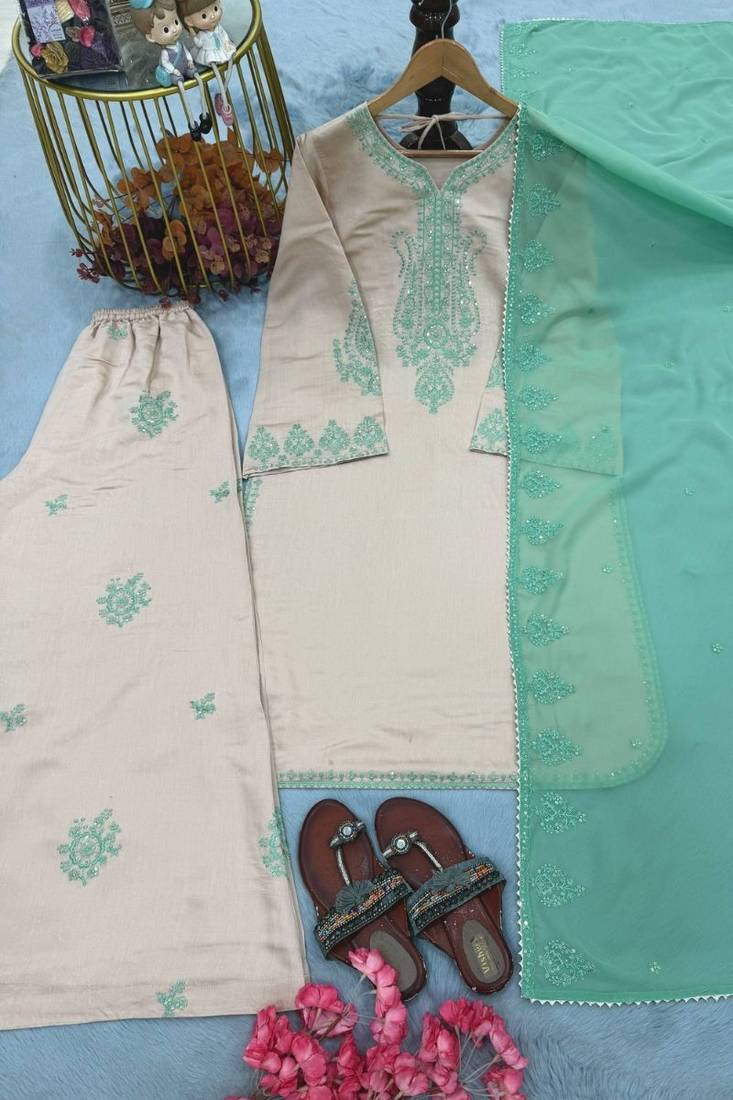 Designer heavy roman silk blend embroidered top  palazzo & dupatta set