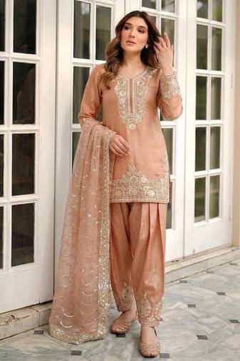 Pure nc moss silk blend embroidered top  farshi palazzo & dupatta set