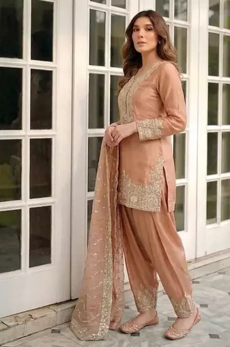 Pure nc moss silk blend embroidered top  farshi palazzo & dupatta set