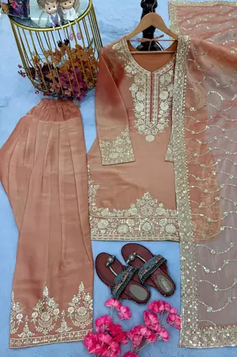 Pure nc moss silk blend embroidered top  farshi palazzo & dupatta set