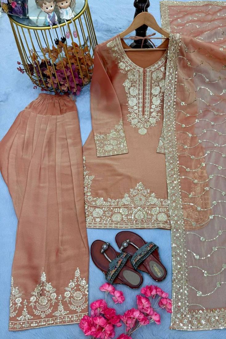 Pure nc moss silk blend embroidered top  farshi palazzo & dupatta set