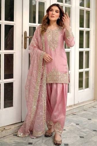 Pure nc moss silk blend embroidered top  farshi palazzo & dupatta set
