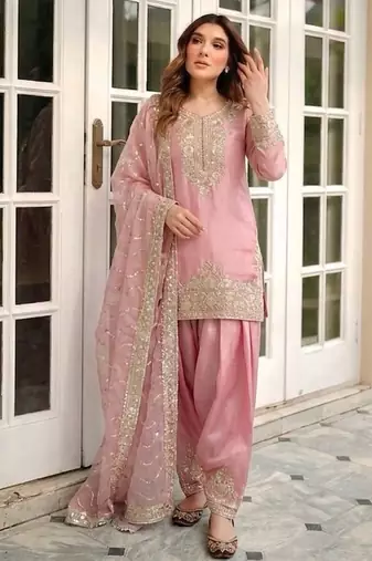 Pure nc moss silk blend embroidered top  farshi palazzo & dupatta set
