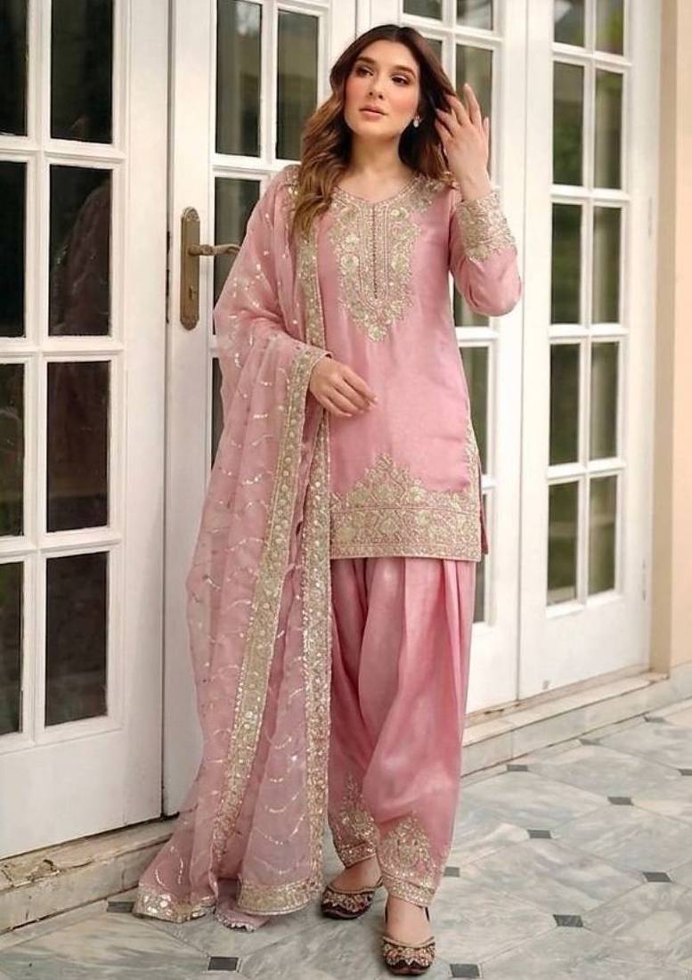 Pure nc moss silk blend embroidered top  farshi palazzo & dupatta set