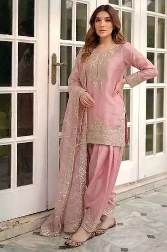 Pure nc moss silk blend embroidered top  farshi palazzo & dupatta set