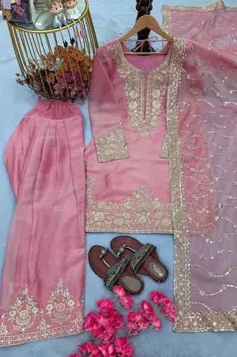 Pure nc moss silk blend embroidered top  farshi palazzo & dupatta set