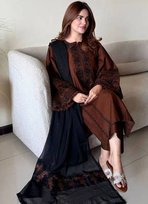 Dark brown roman silk blend thread embroidered top  bottom & dupatta set 1
